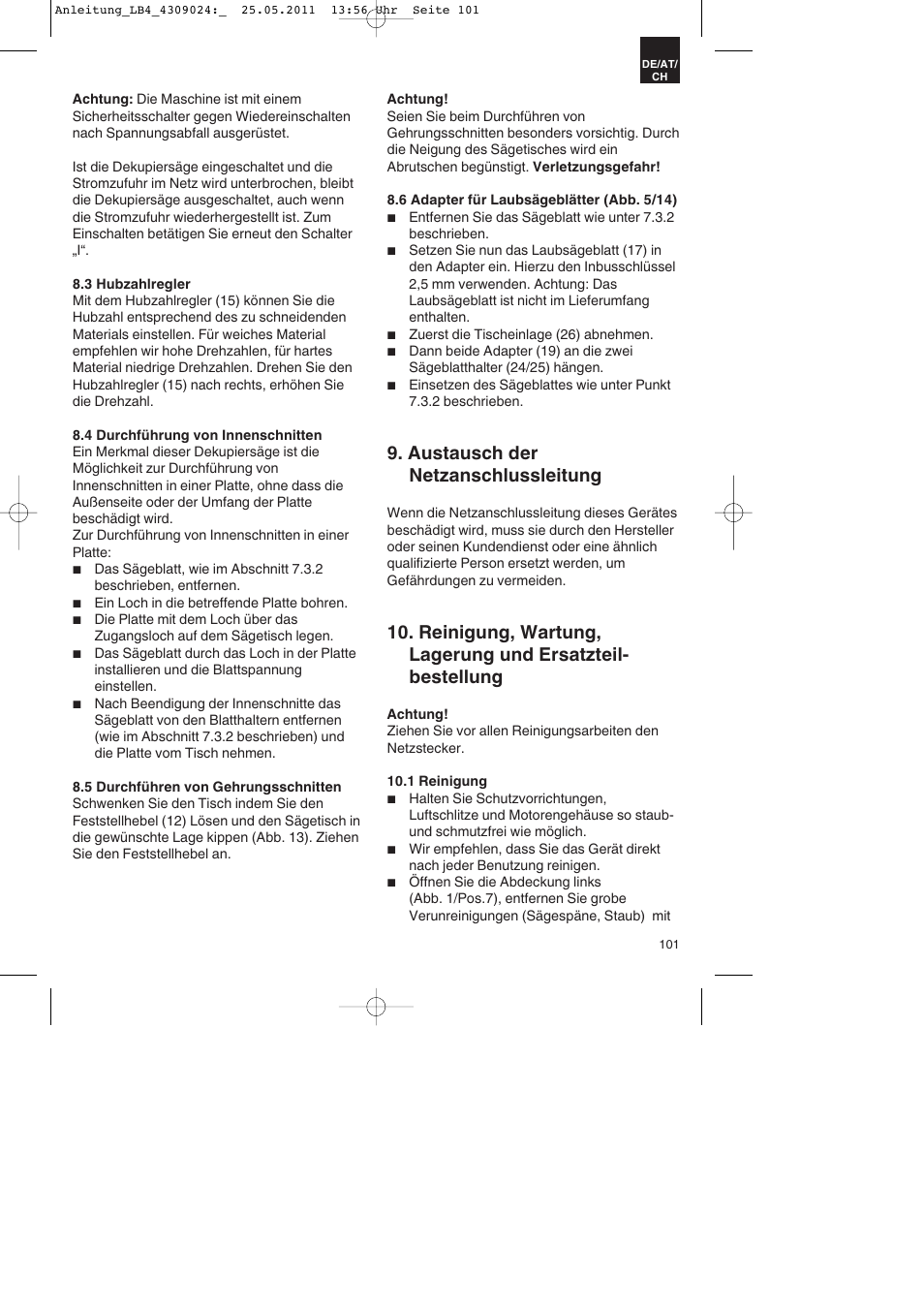 Austausch der netzanschlussleitung | Parkside PDKs 120 A2 User Manual | Page 101 / 108