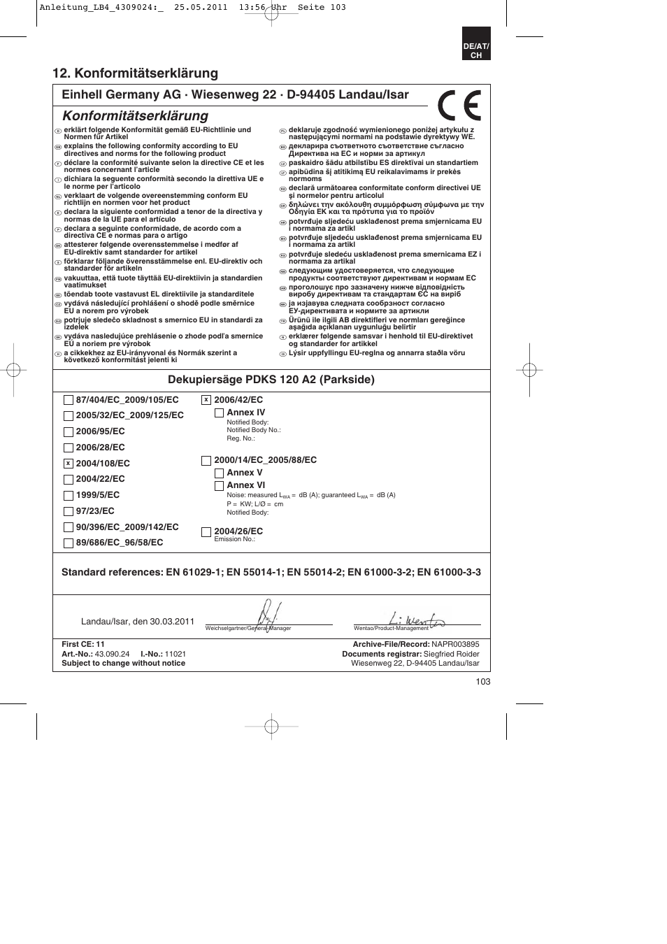 Konformitätserklärung, Dekupiersäge pdks 120 a2 (parkside) | Parkside PDKs 120 A2 User Manual | Page 103 / 108