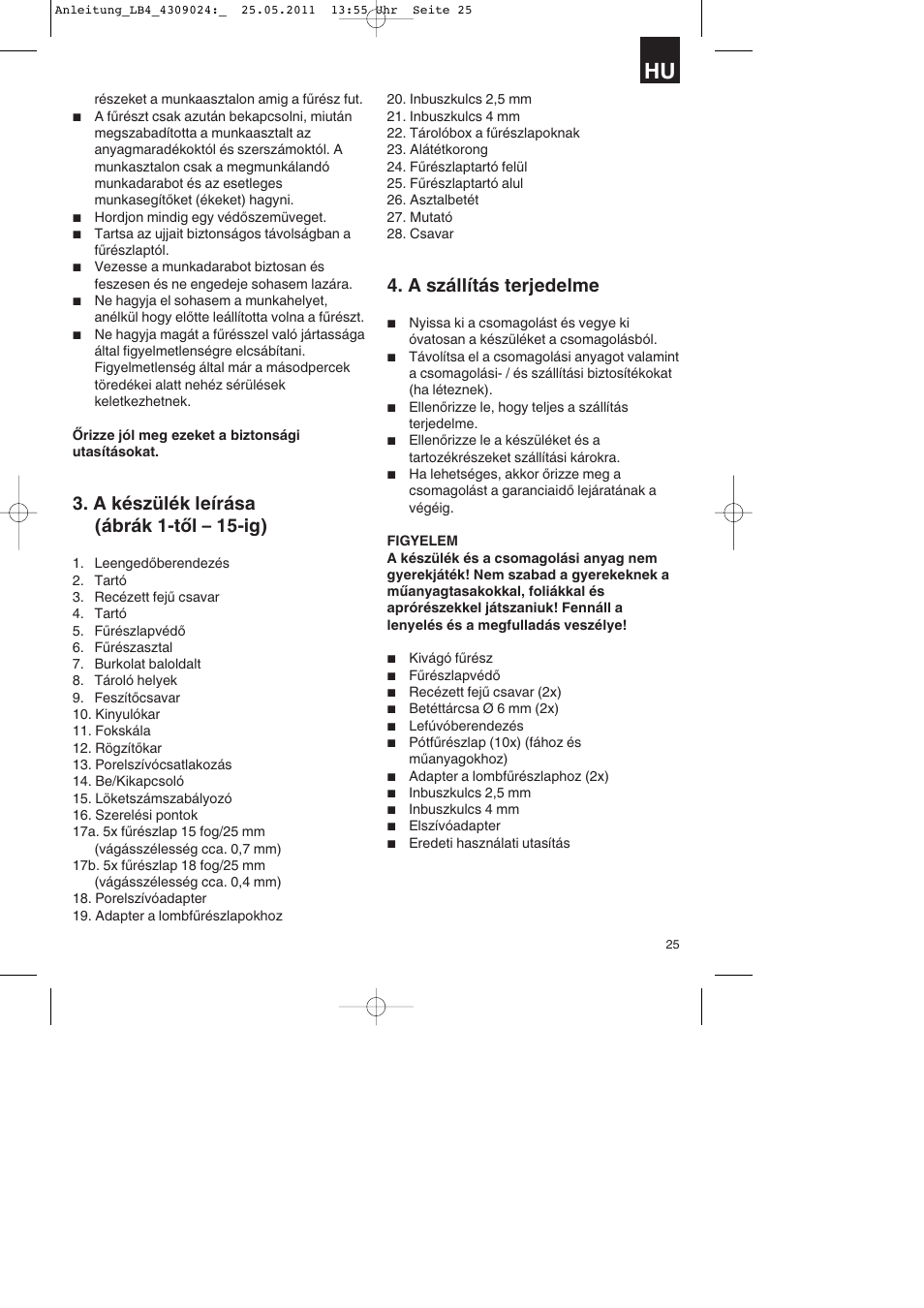 A készülék leírása (ábrák 1-től – 15-ig), A szállítás terjedelme | Parkside PDKs 120 A2 User Manual | Page 25 / 108