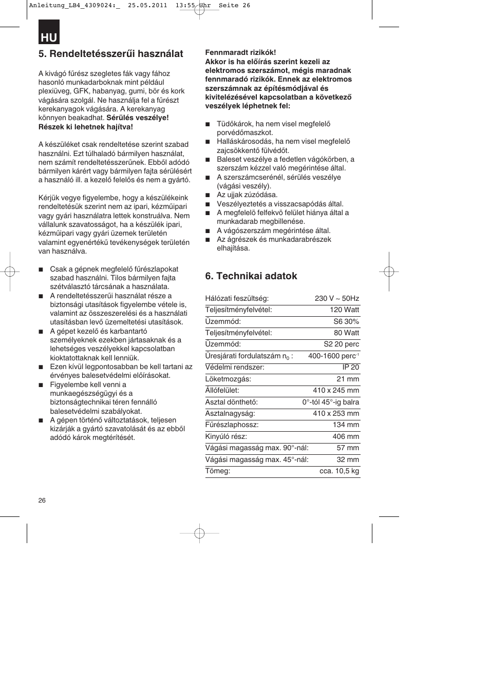 Rendeltetésszerűi használat, Technikai adatok | Parkside PDKs 120 A2 User Manual | Page 26 / 108