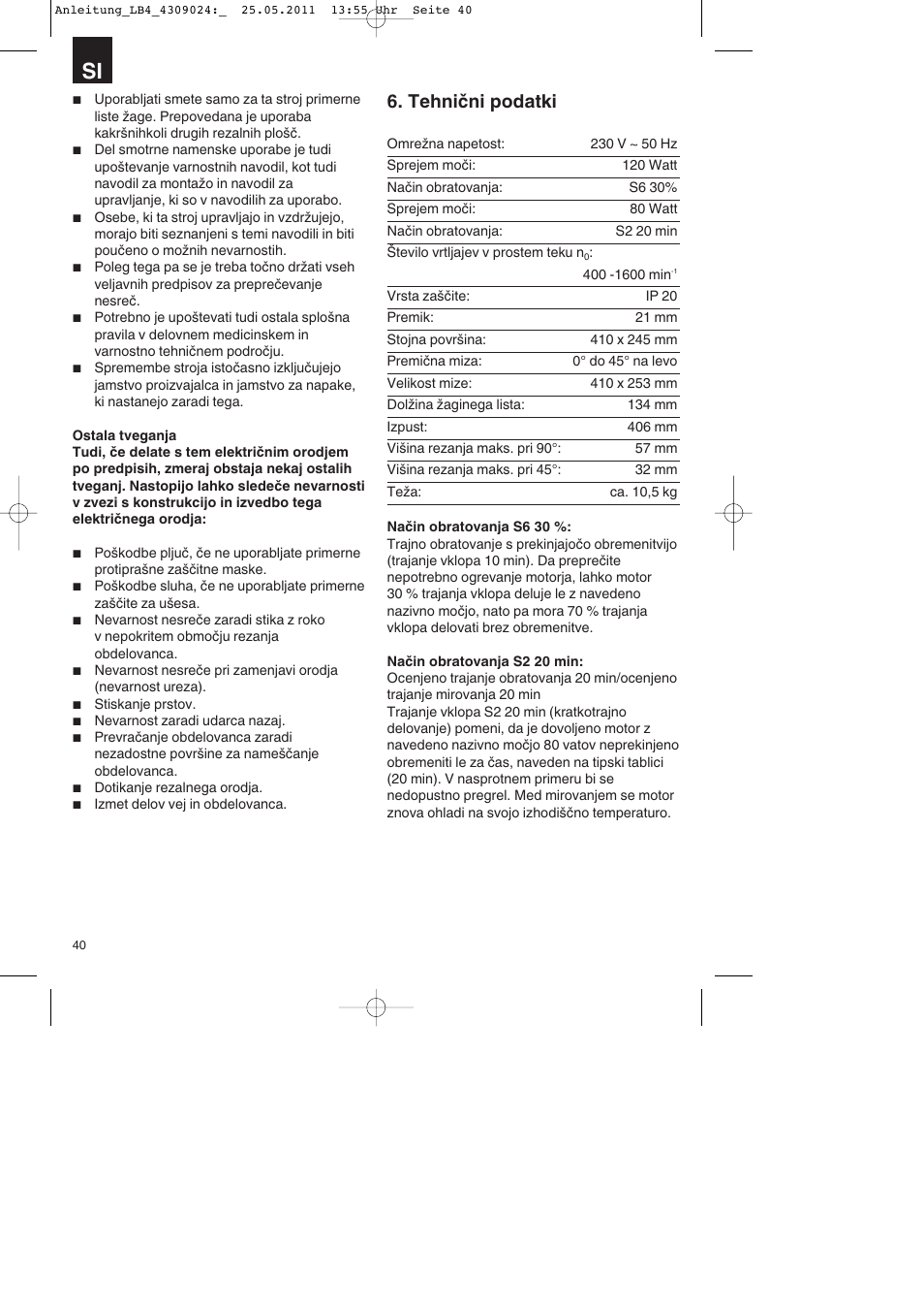 Tehnični podatki | Parkside PDKs 120 A2 User Manual | Page 40 / 108