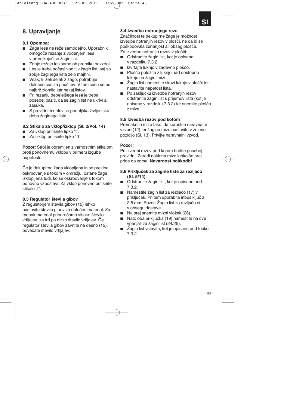 Upravljanje | Parkside PDKs 120 A2 User Manual | Page 43 / 108