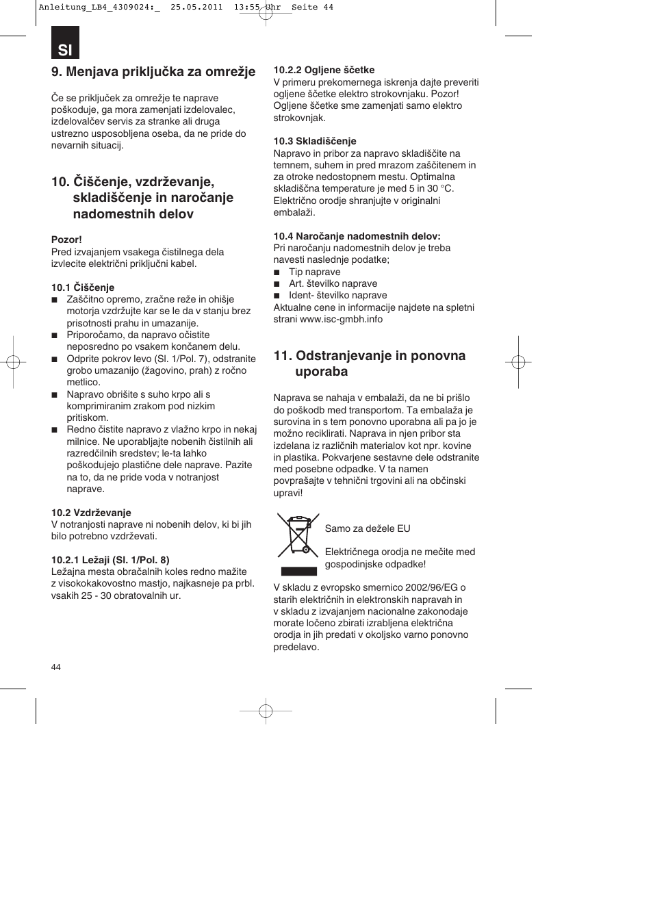 Menjava priključka za omrežje, Odstranjevanje in ponovna uporaba | Parkside PDKs 120 A2 User Manual | Page 44 / 108