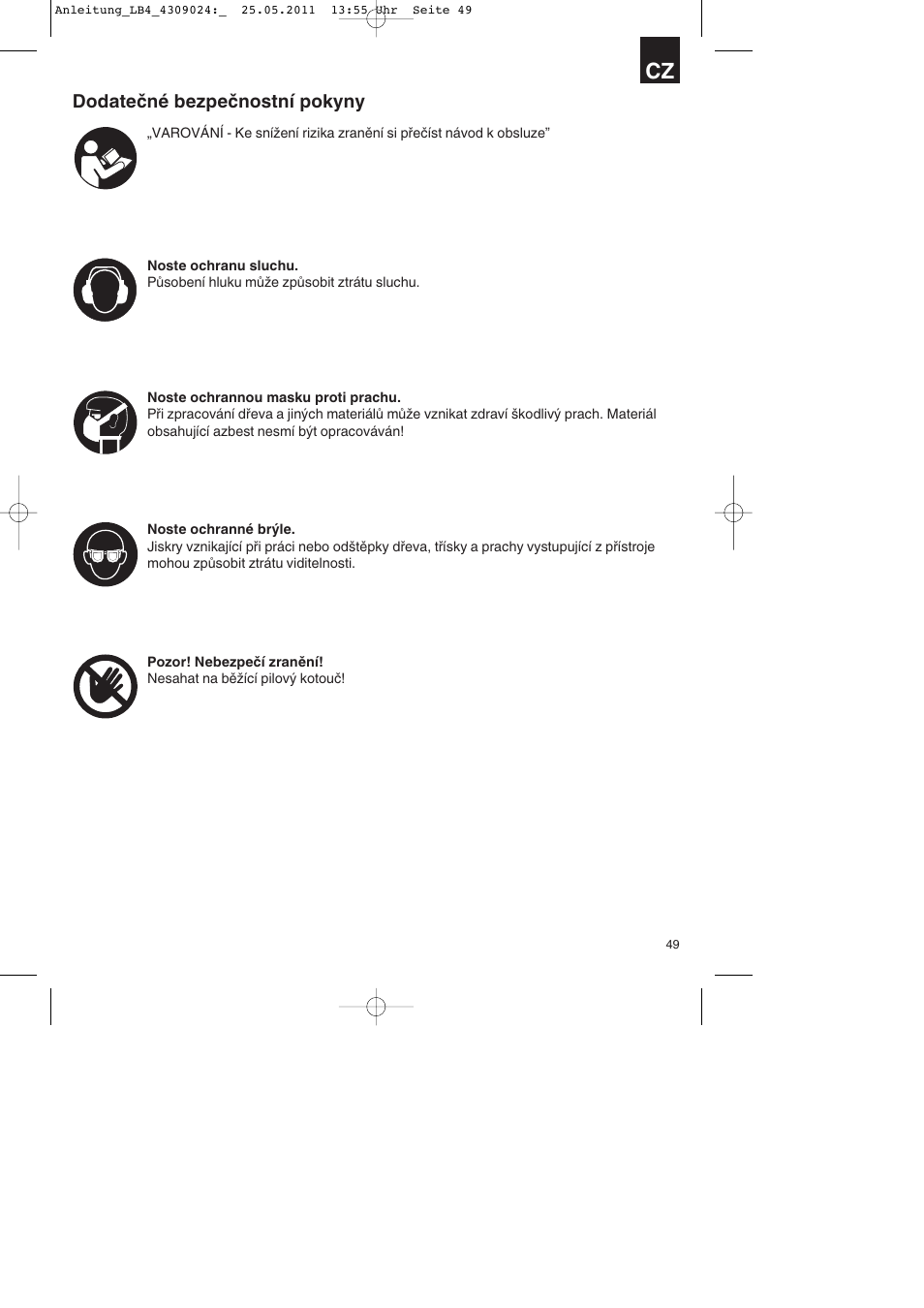 Dodatečné bezpečnostní pokyny | Parkside PDKs 120 A2 User Manual | Page 49 / 108