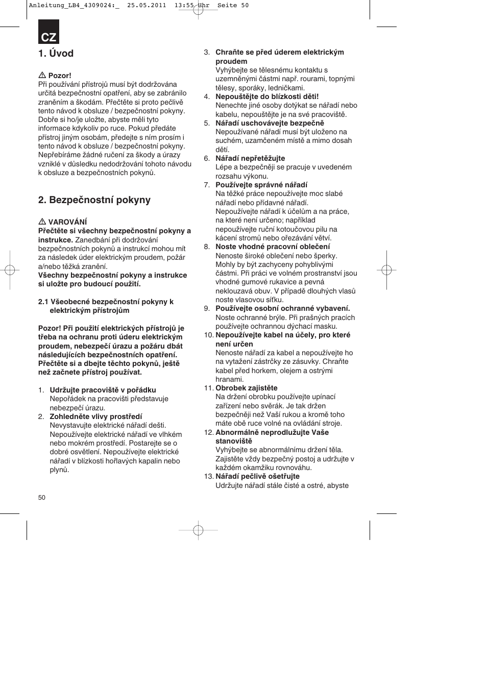 Úvod, Bezpečnostní pokyny | Parkside PDKs 120 A2 User Manual | Page 50 / 108