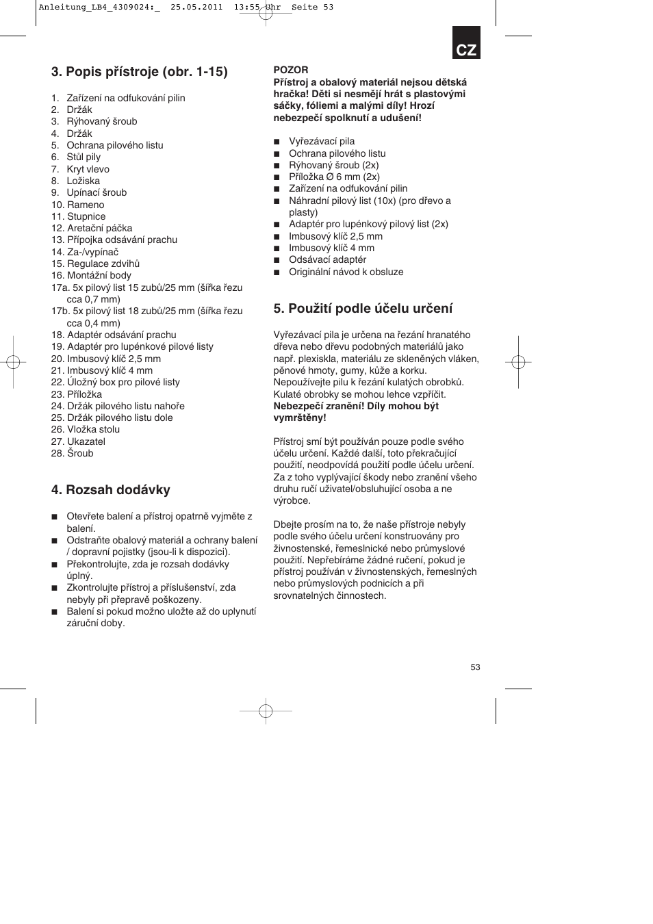 Popis přístroje (obr. 1-15), Rozsah dodávky, Použití podle účelu určení | Parkside PDKs 120 A2 User Manual | Page 53 / 108