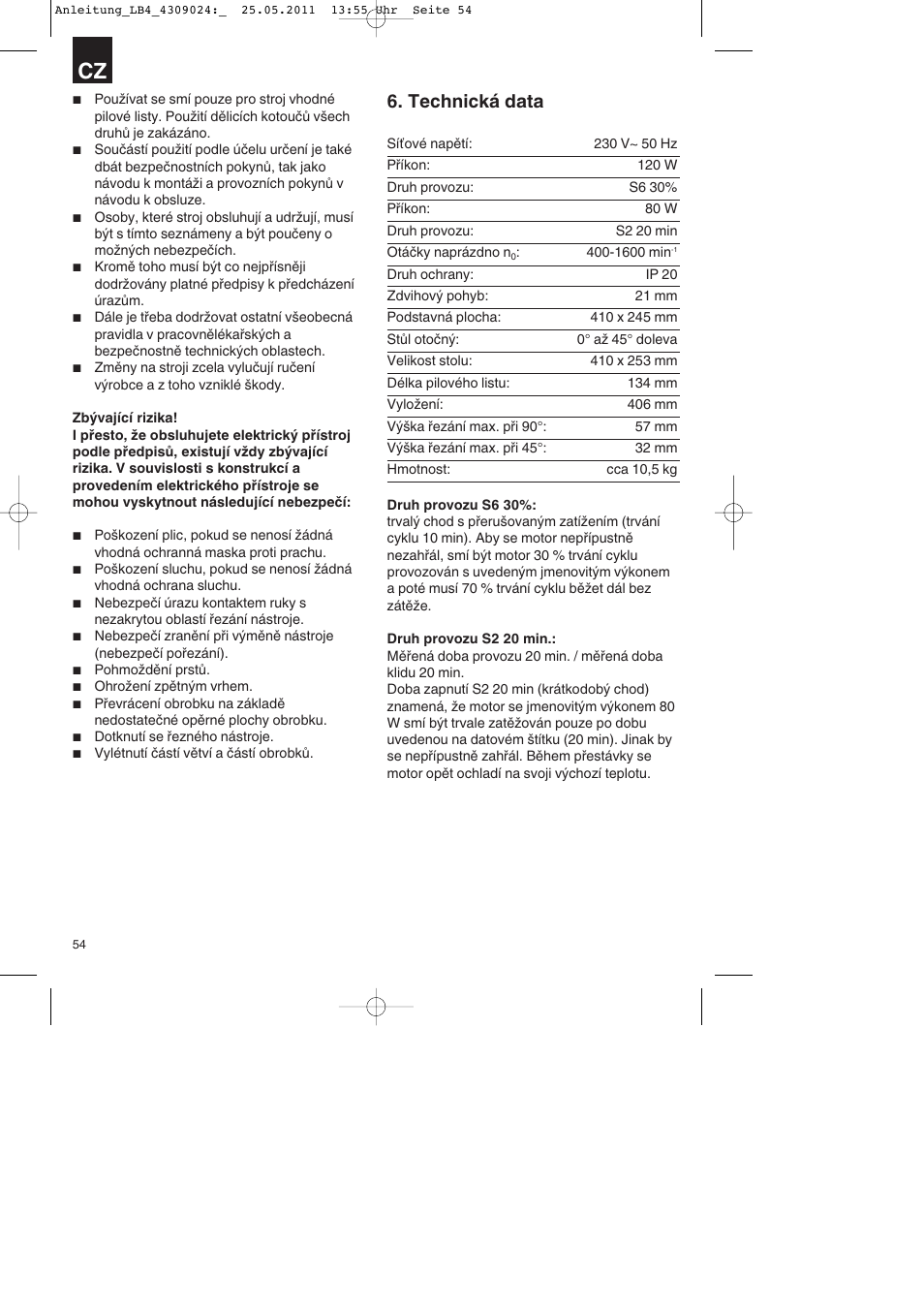 Technická data | Parkside PDKs 120 A2 User Manual | Page 54 / 108