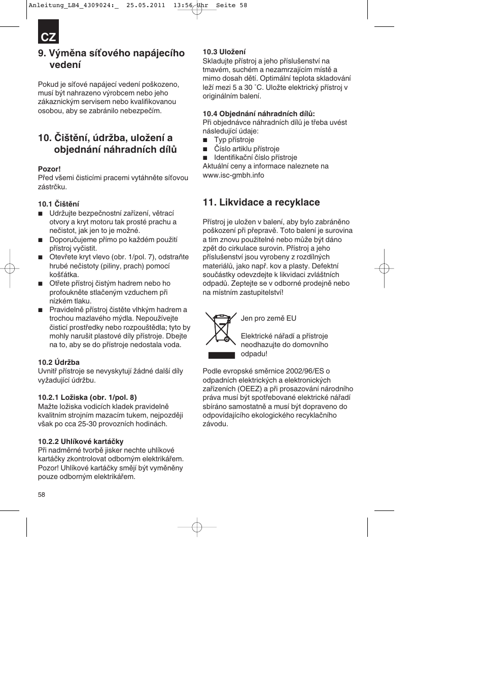 Výměna síťového napájecího vedení, Likvidace a recyklace | Parkside PDKs 120 A2 User Manual | Page 58 / 108
