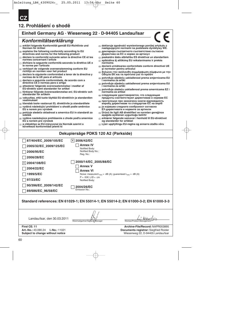 Prohlášení o shodě, Konformitätserklärung, Dekupiersäge pdks 120 a2 (parkside) | Parkside PDKs 120 A2 User Manual | Page 60 / 108