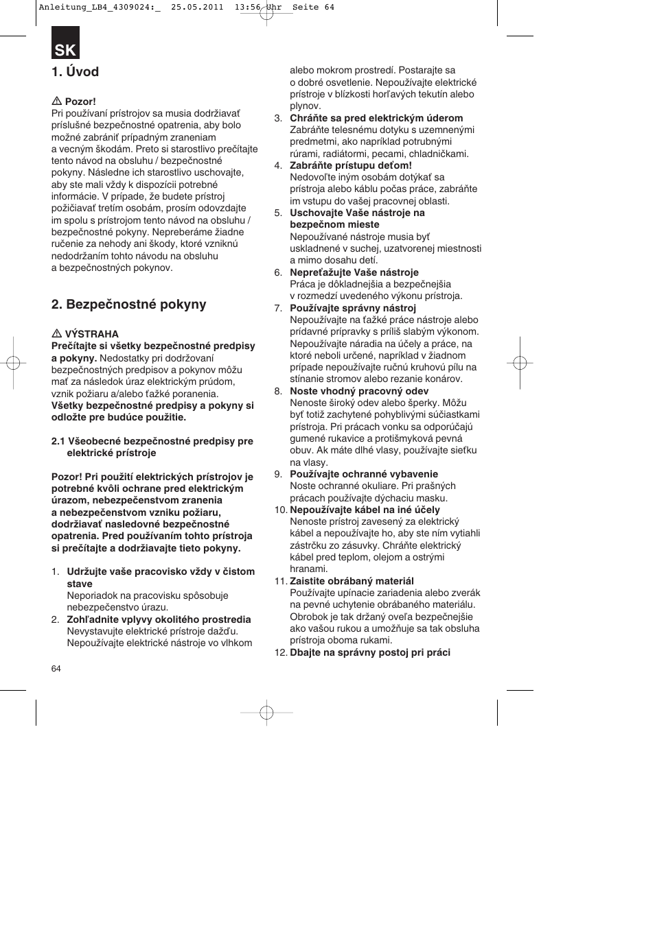 Úvod, Bezpečnostné pokyny | Parkside PDKs 120 A2 User Manual | Page 64 / 108