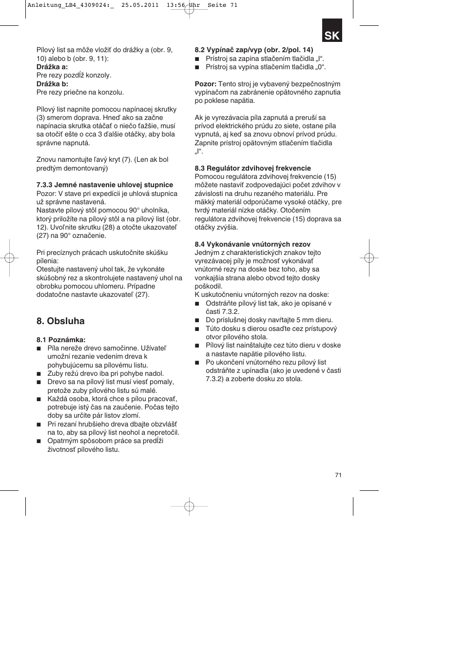 Obsluha | Parkside PDKs 120 A2 User Manual | Page 71 / 108