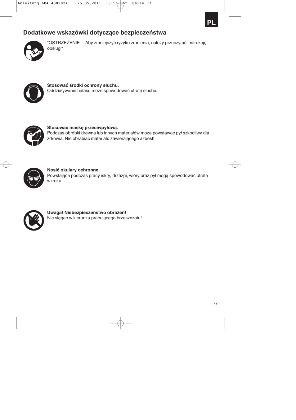 Dodatkowe wskazówki dotyczące bezpieczeństwa | Parkside PDKs 120 A2 User Manual | Page 77 / 108