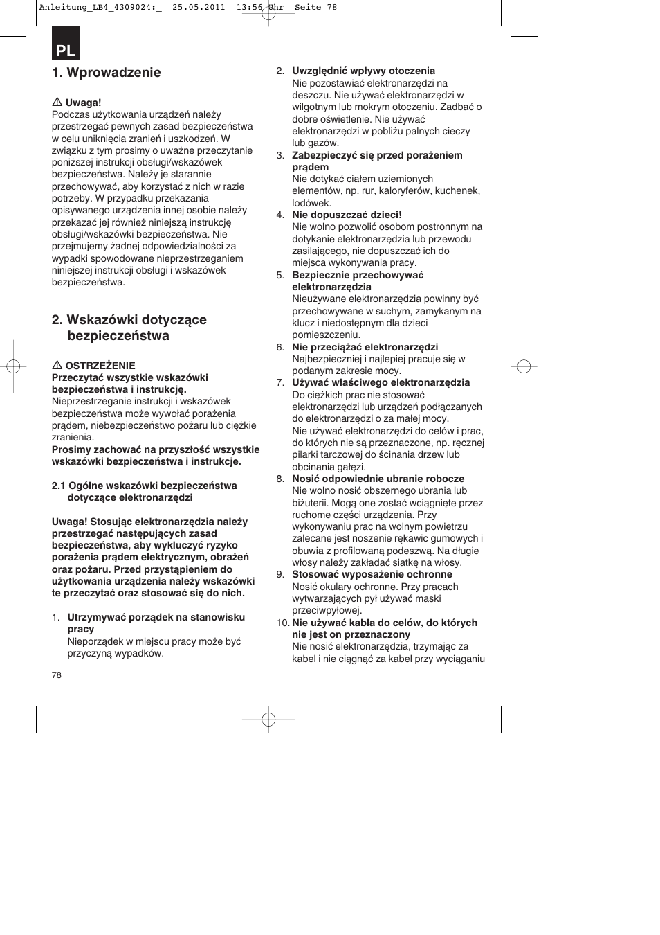 Wprowadzenie, Wskazówki dotyczące bezpieczeństwa | Parkside PDKs 120 A2 User Manual | Page 78 / 108