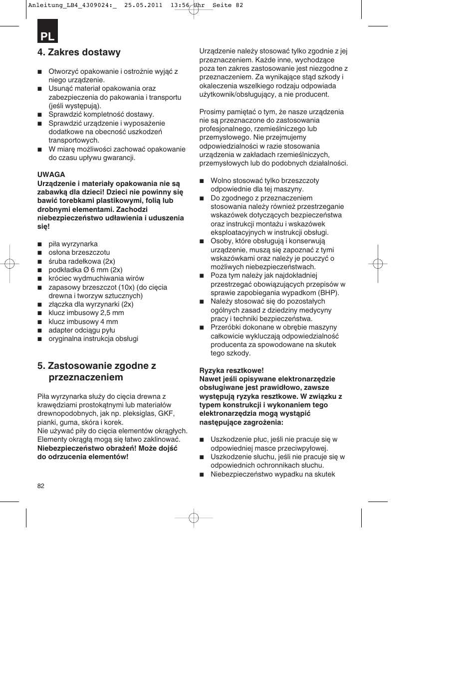 Zakres dostawy, Zastosowanie zgodne z przeznaczeniem | Parkside PDKs 120 A2 User Manual | Page 82 / 108