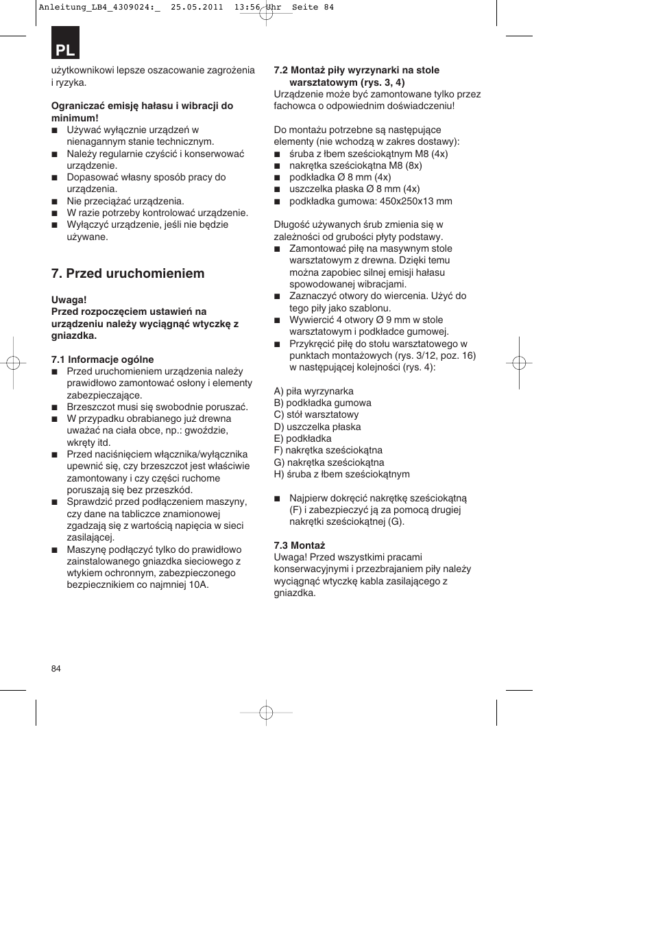 Przed uruchomieniem | Parkside PDKs 120 A2 User Manual | Page 84 / 108