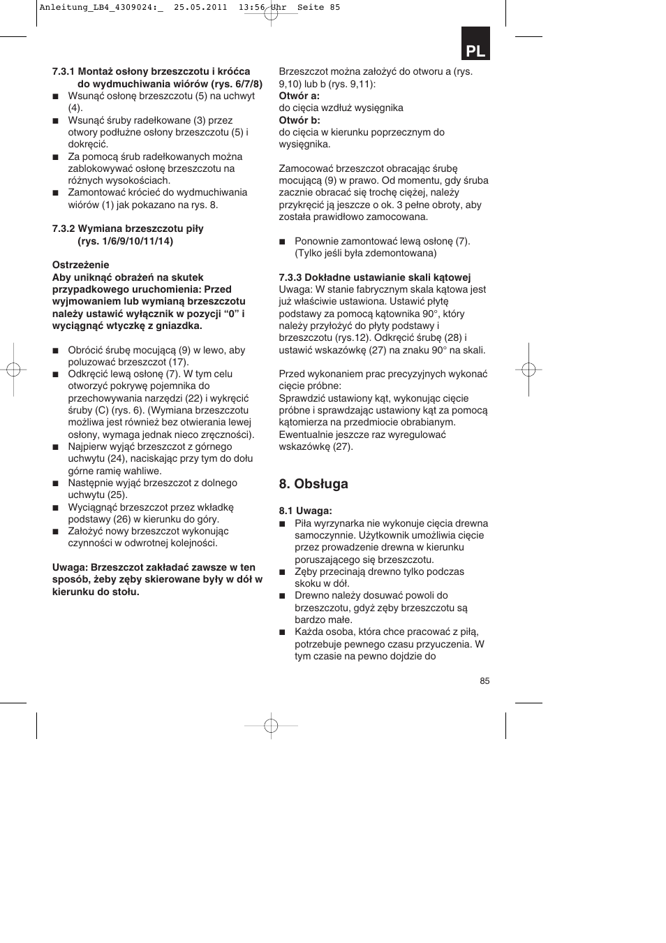 Obsługa | Parkside PDKs 120 A2 User Manual | Page 85 / 108
