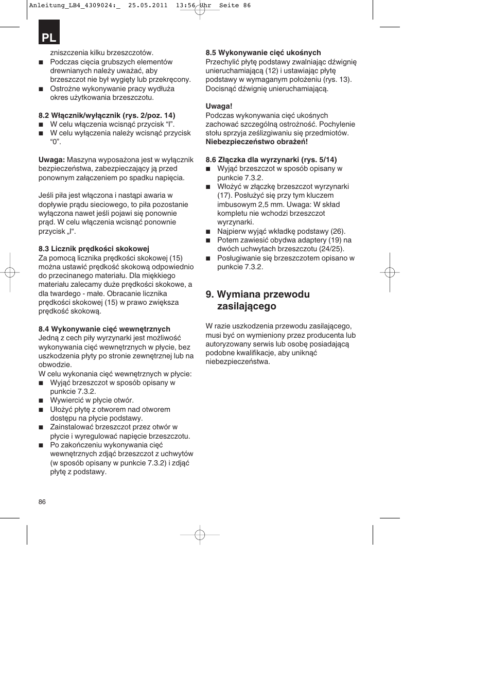 Wymiana przewodu zasilającego | Parkside PDKs 120 A2 User Manual | Page 86 / 108