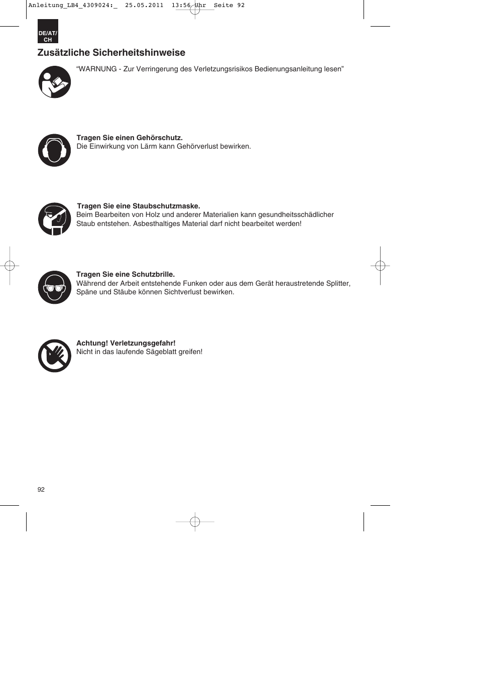 Zusätzliche sicherheitshinweise | Parkside PDKs 120 A2 User Manual | Page 92 / 108