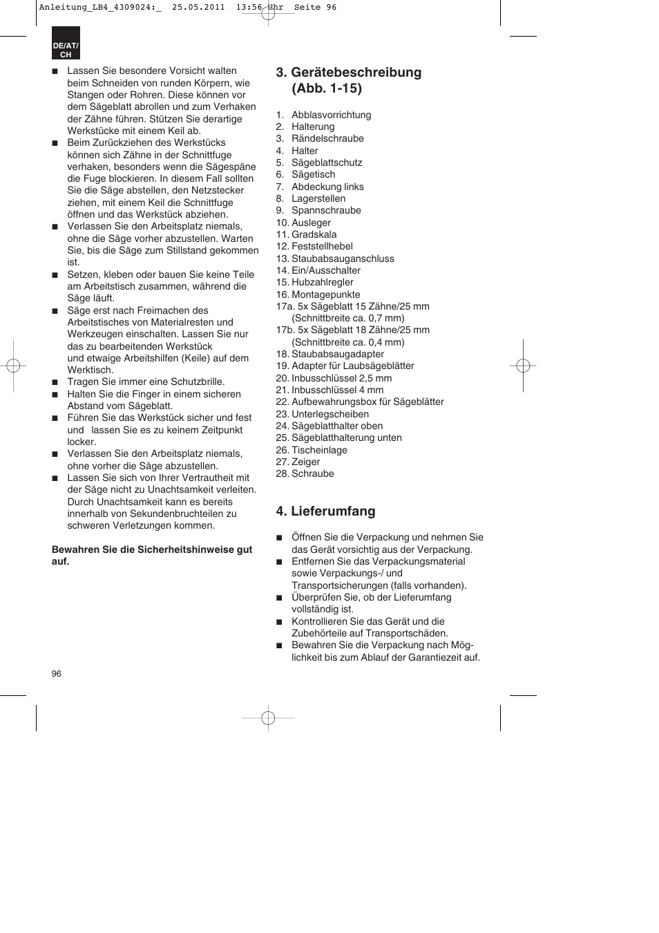 Gerätebeschreibung (abb. 1-15), Lieferumfang | Parkside PDKs 120 A2 User Manual | Page 96 / 108