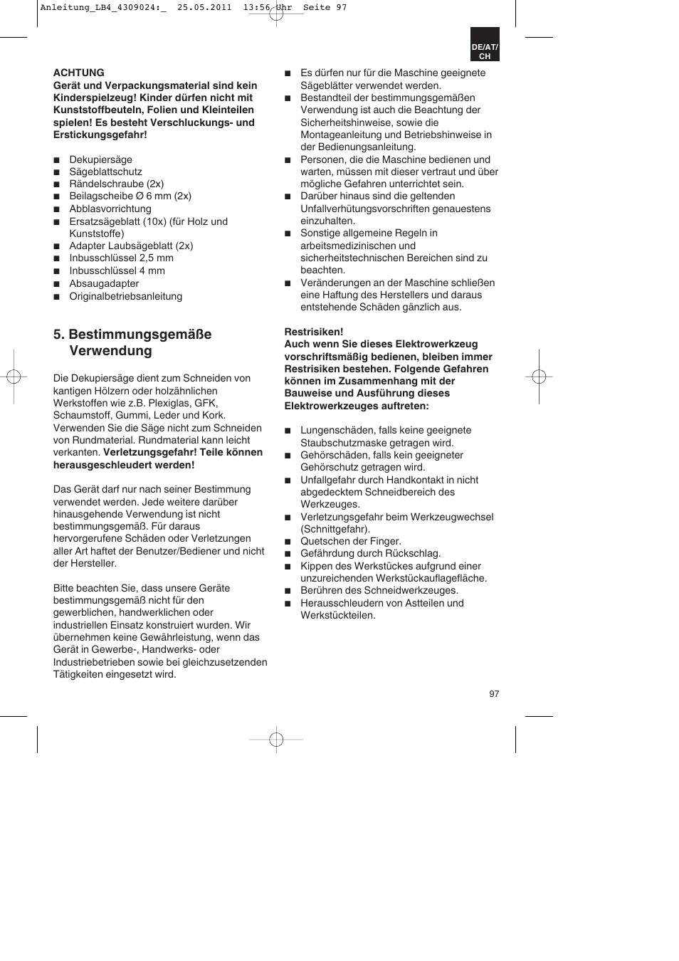 Bestimmungsgemäße verwendung | Parkside PDKs 120 A2 User Manual | Page 97 / 108