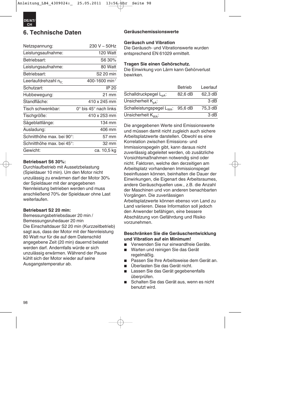 Technische daten | Parkside PDKs 120 A2 User Manual | Page 98 / 108