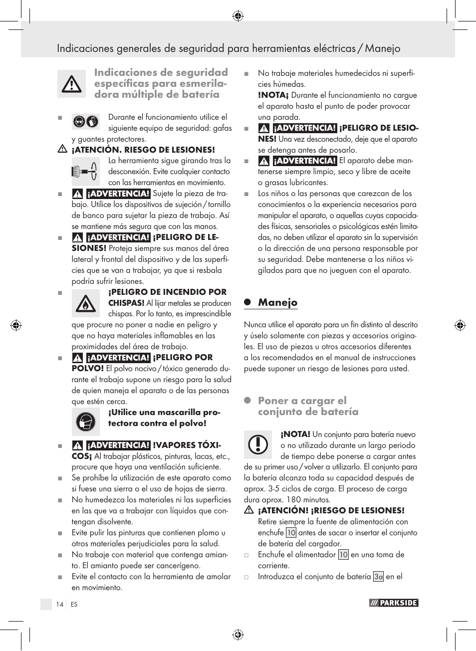 Manejo, Poner a cargar el conjunto de batería | Parkside PFBS 9.6 A1 User Manual | Page 14 / 75