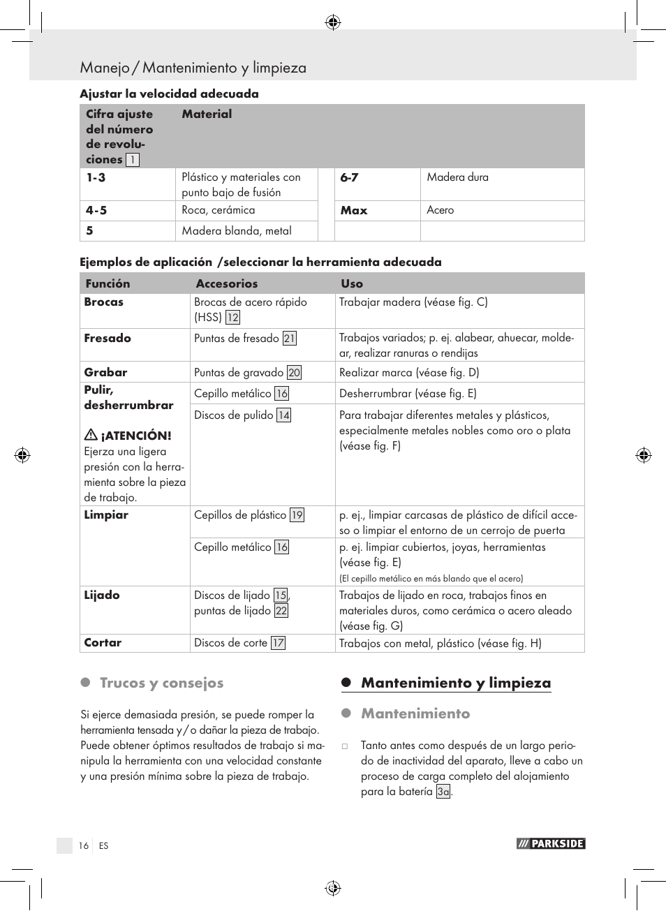 Trucos y consejos, Mantenimiento y limpieza, Mantenimiento | Parkside PFBS 9.6 A1 User Manual | Page 16 / 75
