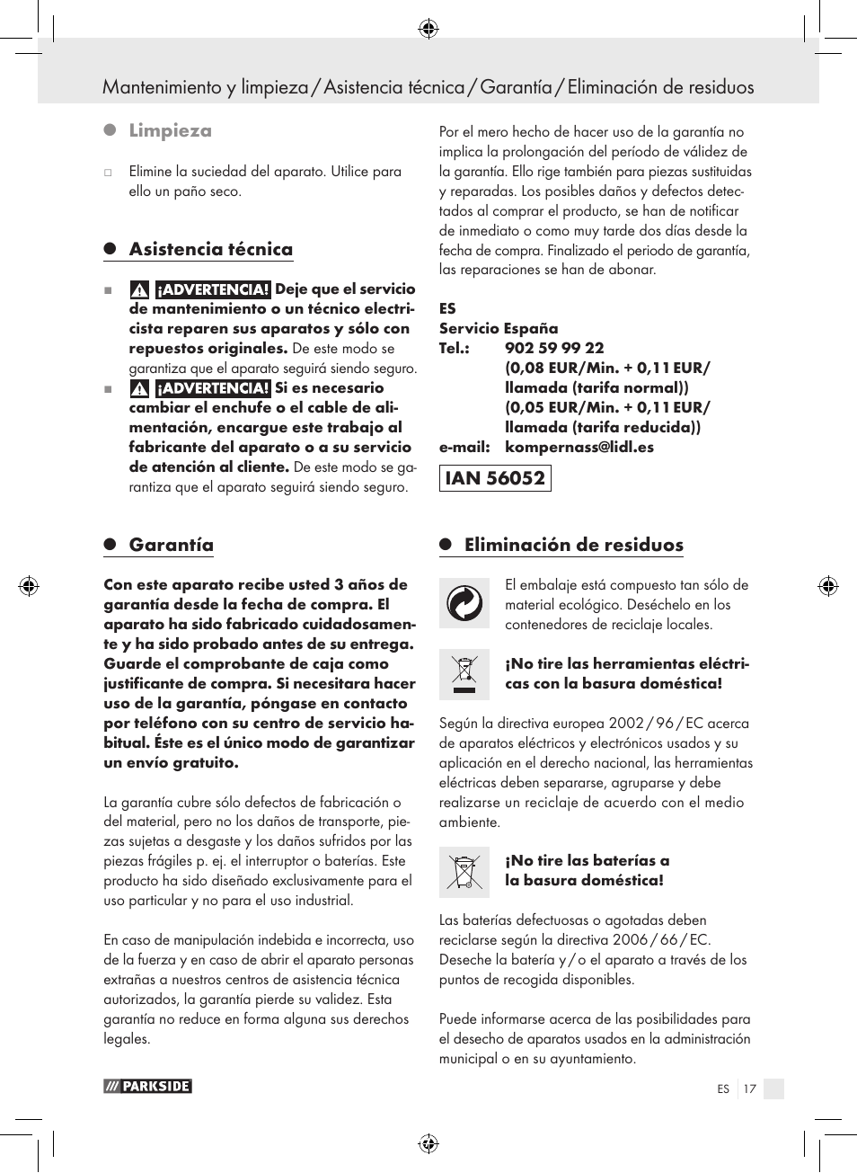 Limpieza, Asistencia técnica, Garantía | Eliminación de residuos | Parkside PFBS 9.6 A1 User Manual | Page 17 / 75