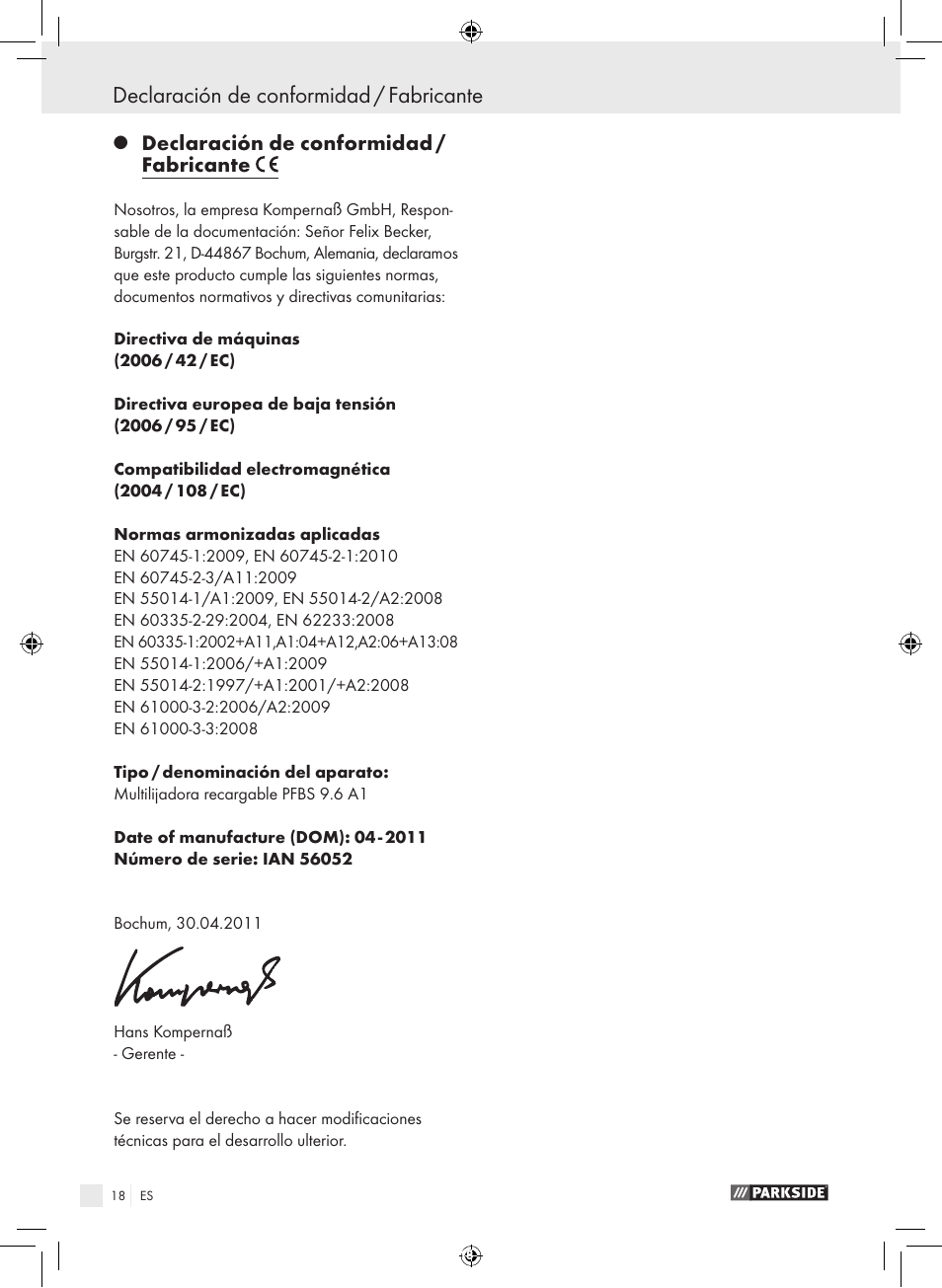 Declaración de conformidad / fabricante | Parkside PFBS 9.6 A1 User Manual | Page 18 / 75