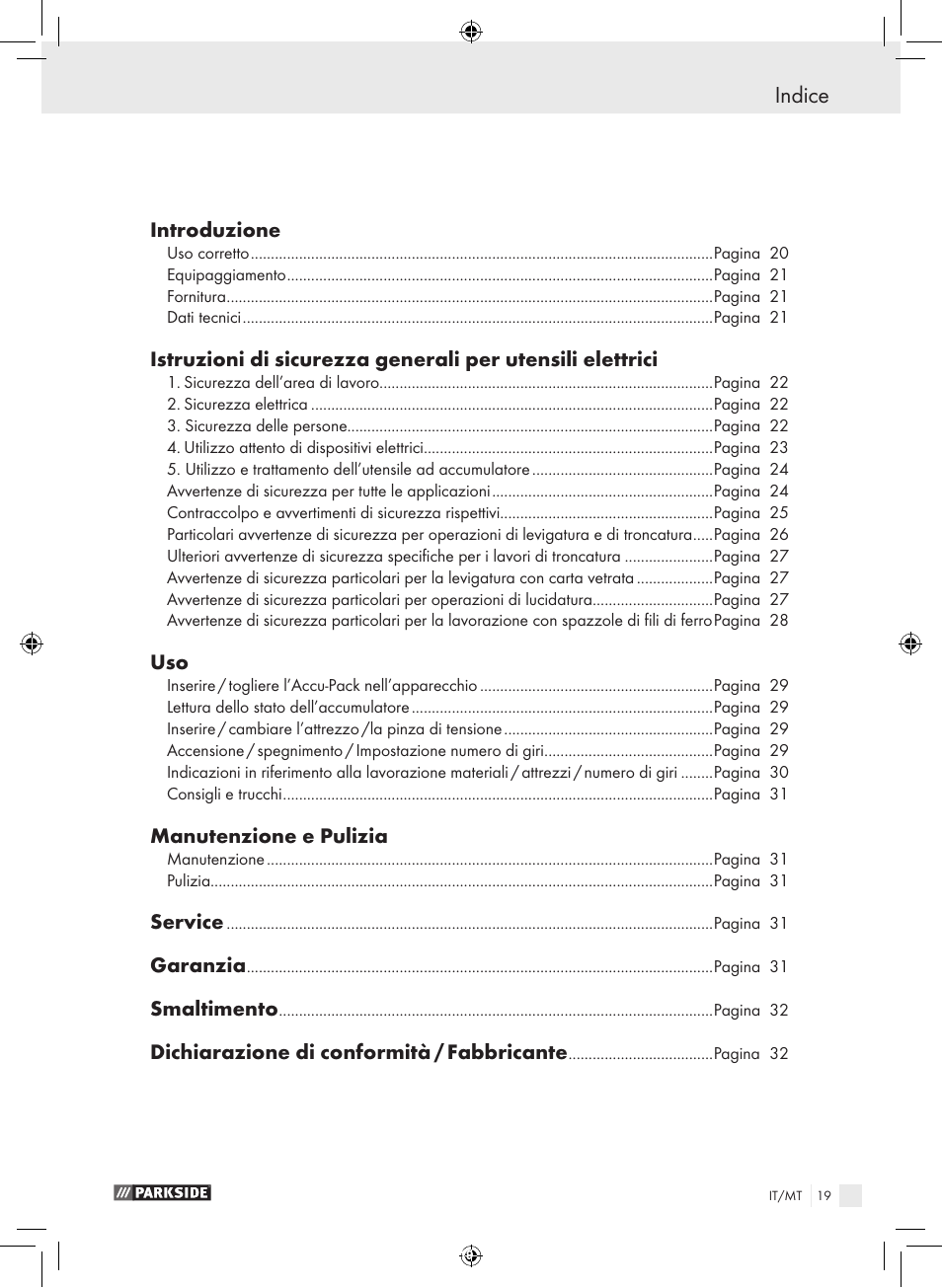 Indice, Introduzione, Manutenzione e pulizia | Service, Garanzia, Smaltimento, Dichiarazione di conformità / fabbricante | Parkside PFBS 9.6 A1 User Manual | Page 19 / 75