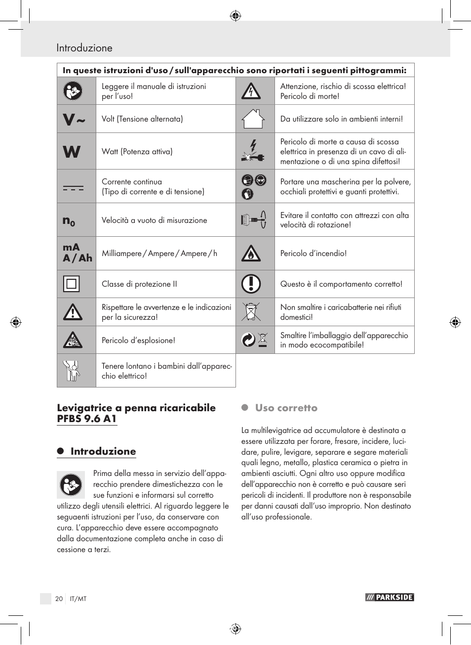 Introduzione | Parkside PFBS 9.6 A1 User Manual | Page 20 / 75
