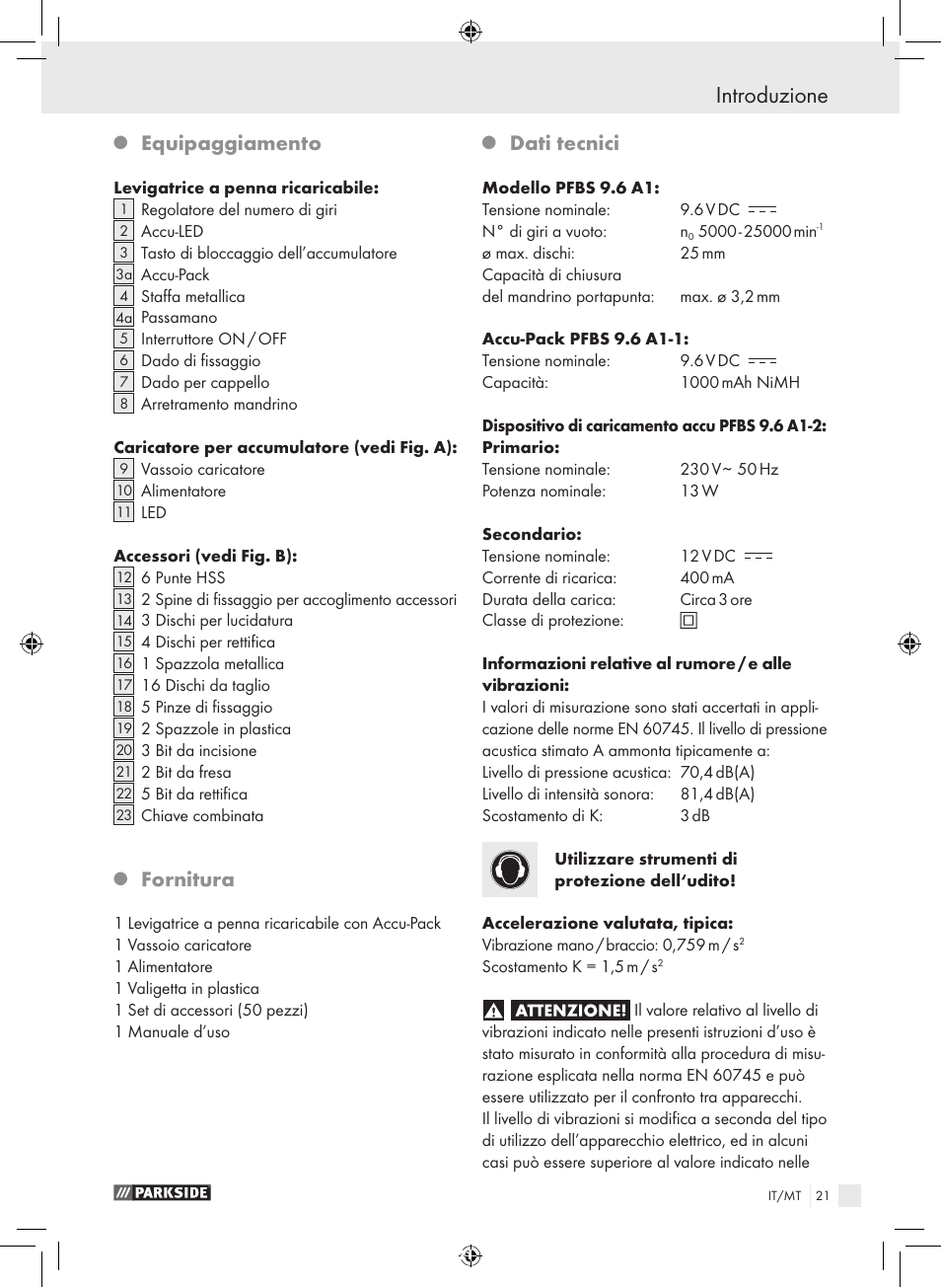 Introduzione, Equipaggiamento, Fornitura | Dati tecnici | Parkside PFBS 9.6 A1 User Manual | Page 21 / 75