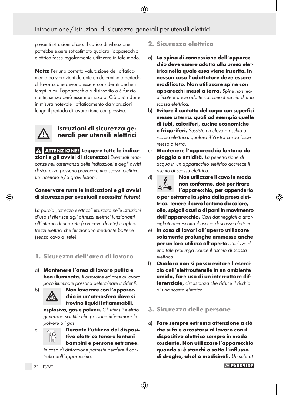 Sicurezza dell’area di lavoro, Sicurezza elettrica, Sicurezza delle persone | Parkside PFBS 9.6 A1 User Manual | Page 22 / 75