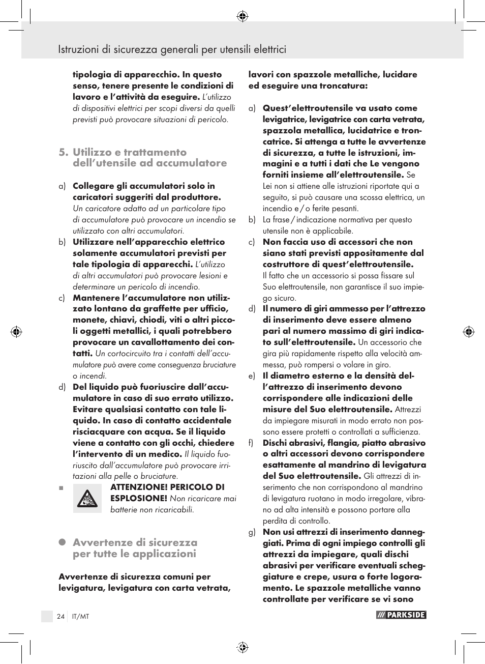 Avvertenze di sicurezza per tutte le applicazioni | Parkside PFBS 9.6 A1 User Manual | Page 24 / 75