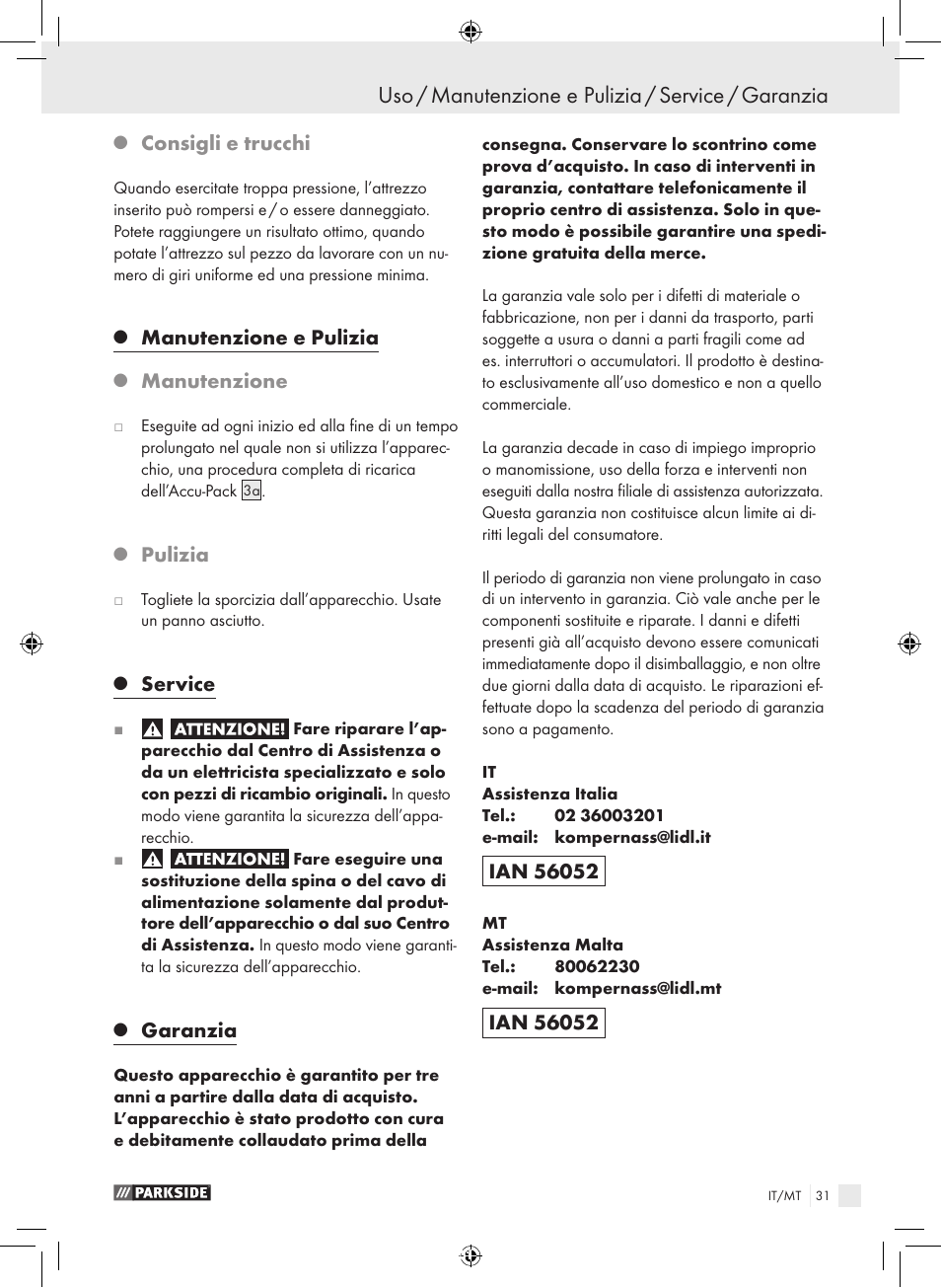 Uso / manutenzione e pulizia / service / garanzia, Consigli e trucchi, Manutenzione e pulizia | Manutenzione, Pulizia, Service, Garanzia | Parkside PFBS 9.6 A1 User Manual | Page 31 / 75