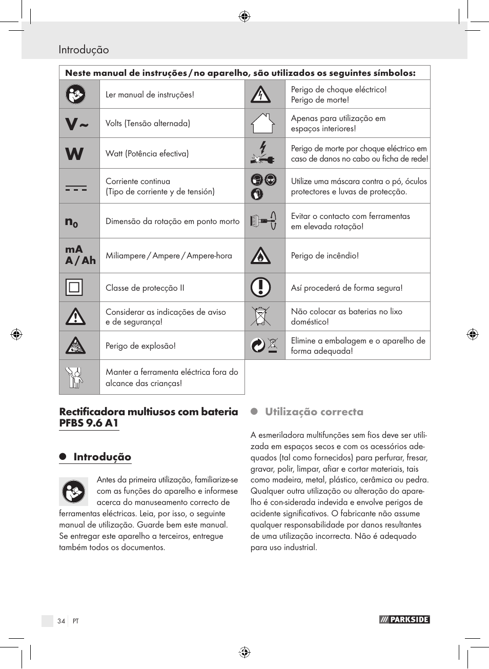 Introdução | Parkside PFBS 9.6 A1 User Manual | Page 34 / 75