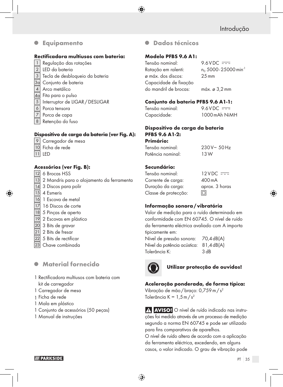 Introdução, Equipamento, Material fornecido | Dados técnicos | Parkside PFBS 9.6 A1 User Manual | Page 35 / 75