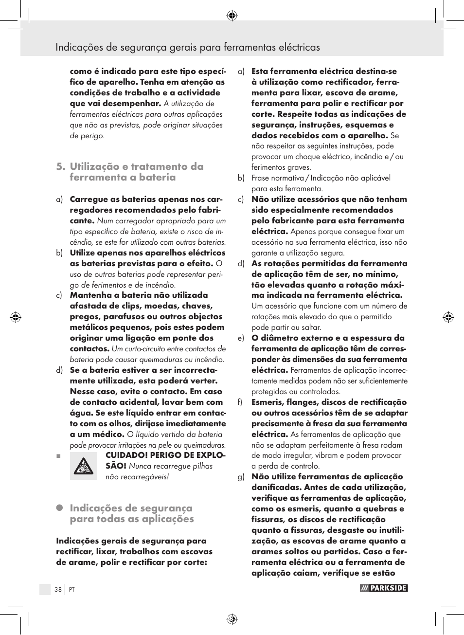 Utilização e tratamento da ferramenta a bateria, Indicações de segurança para todas as aplicações | Parkside PFBS 9.6 A1 User Manual | Page 38 / 75