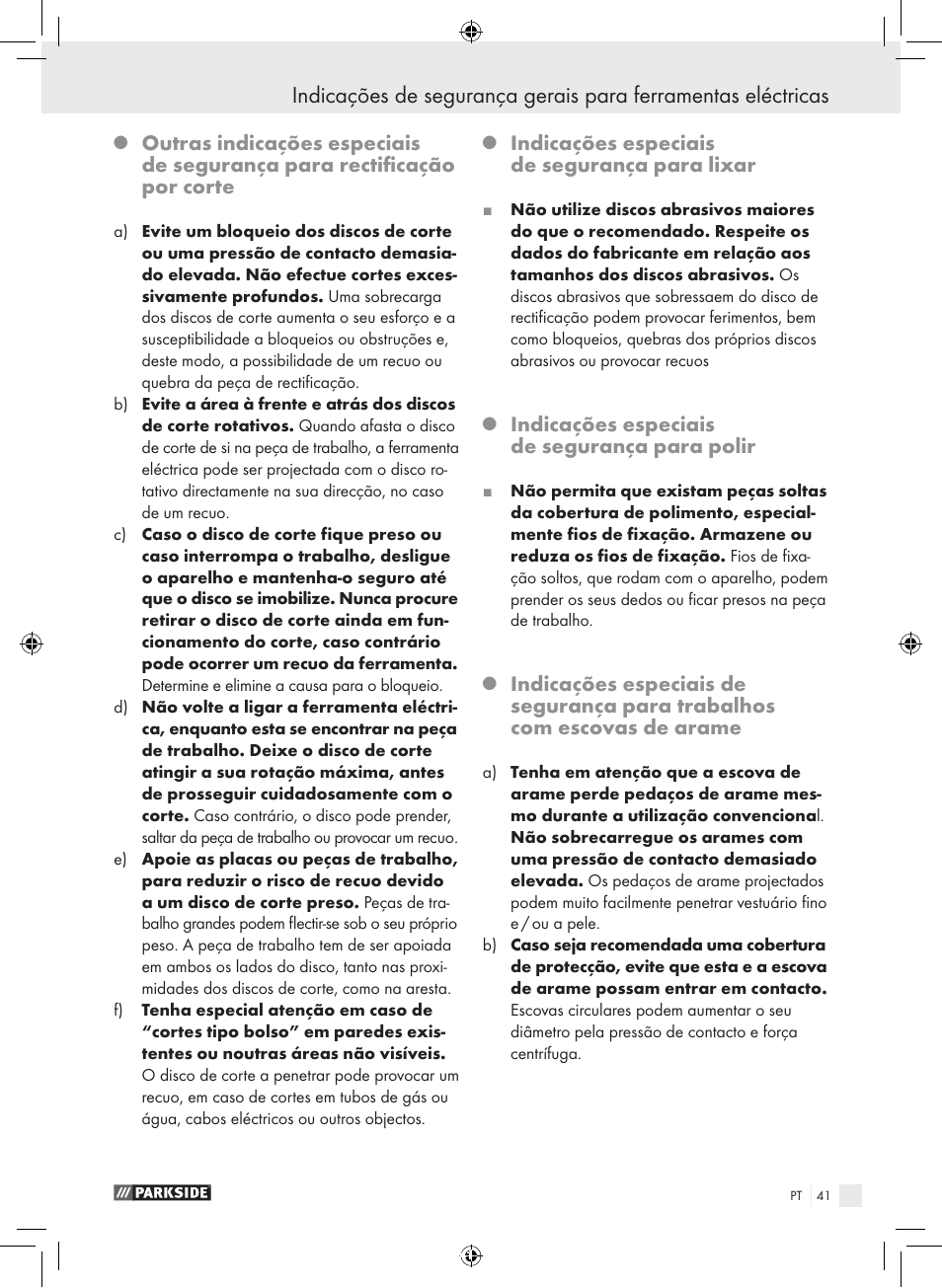 Indicações especiais de segurança para lixar, Indicações especiais de segurança para polir | Parkside PFBS 9.6 A1 User Manual | Page 41 / 75