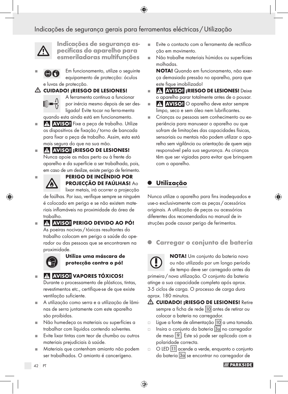 Utilização, Carregar o conjunto de bateria | Parkside PFBS 9.6 A1 User Manual | Page 42 / 75