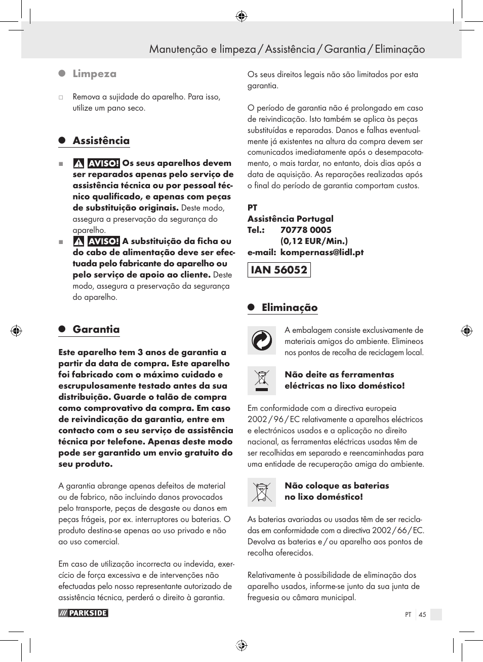 Limpeza, Assistência, Garantia | Eliminação | Parkside PFBS 9.6 A1 User Manual | Page 45 / 75