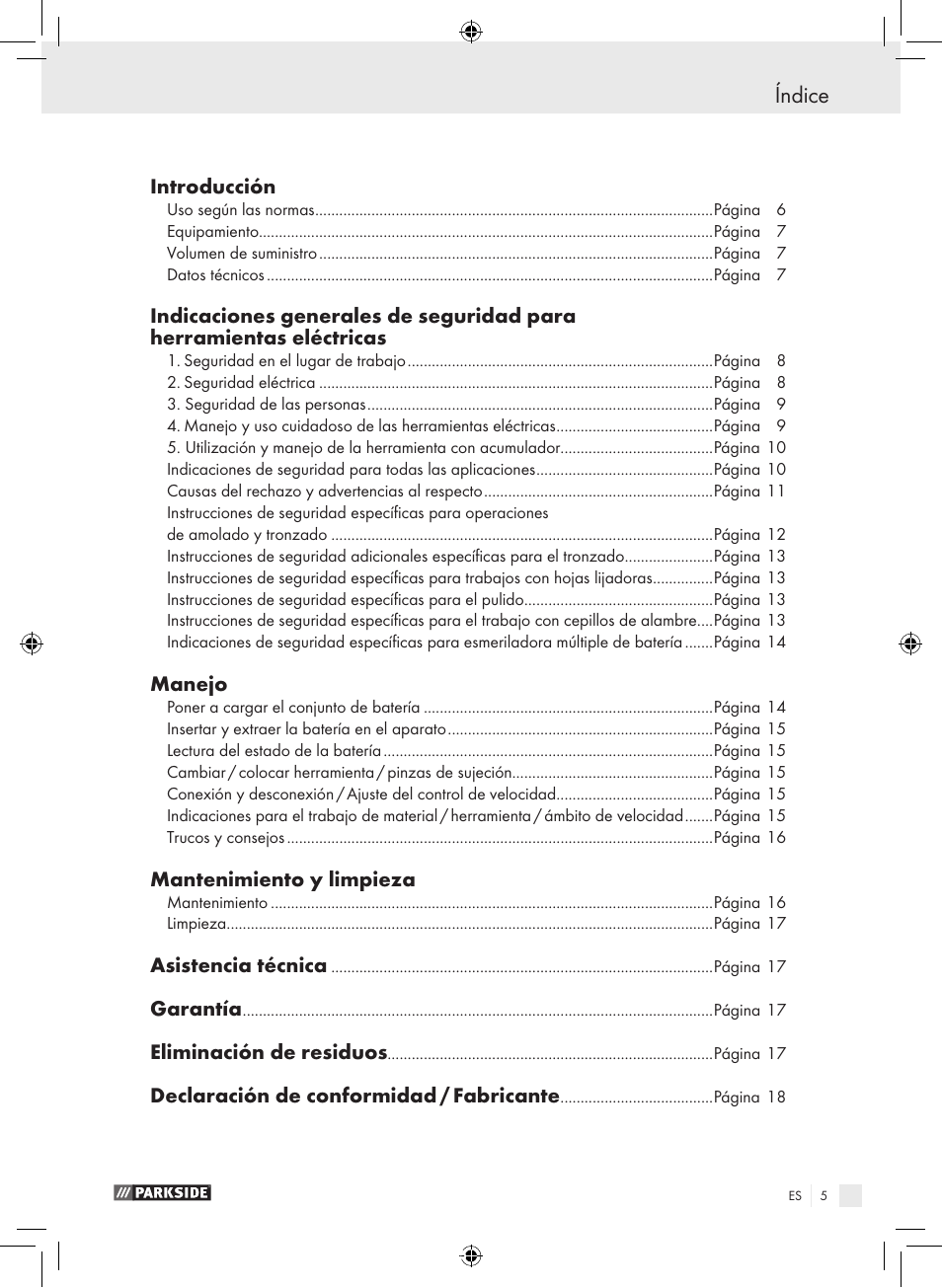 Índice, Introducción, Manejo | Mantenimiento y limpieza, Asistencia técnica, Garantía, Eliminación de residuos, Declaración de conformidad / fabricante | Parkside PFBS 9.6 A1 User Manual | Page 5 / 75