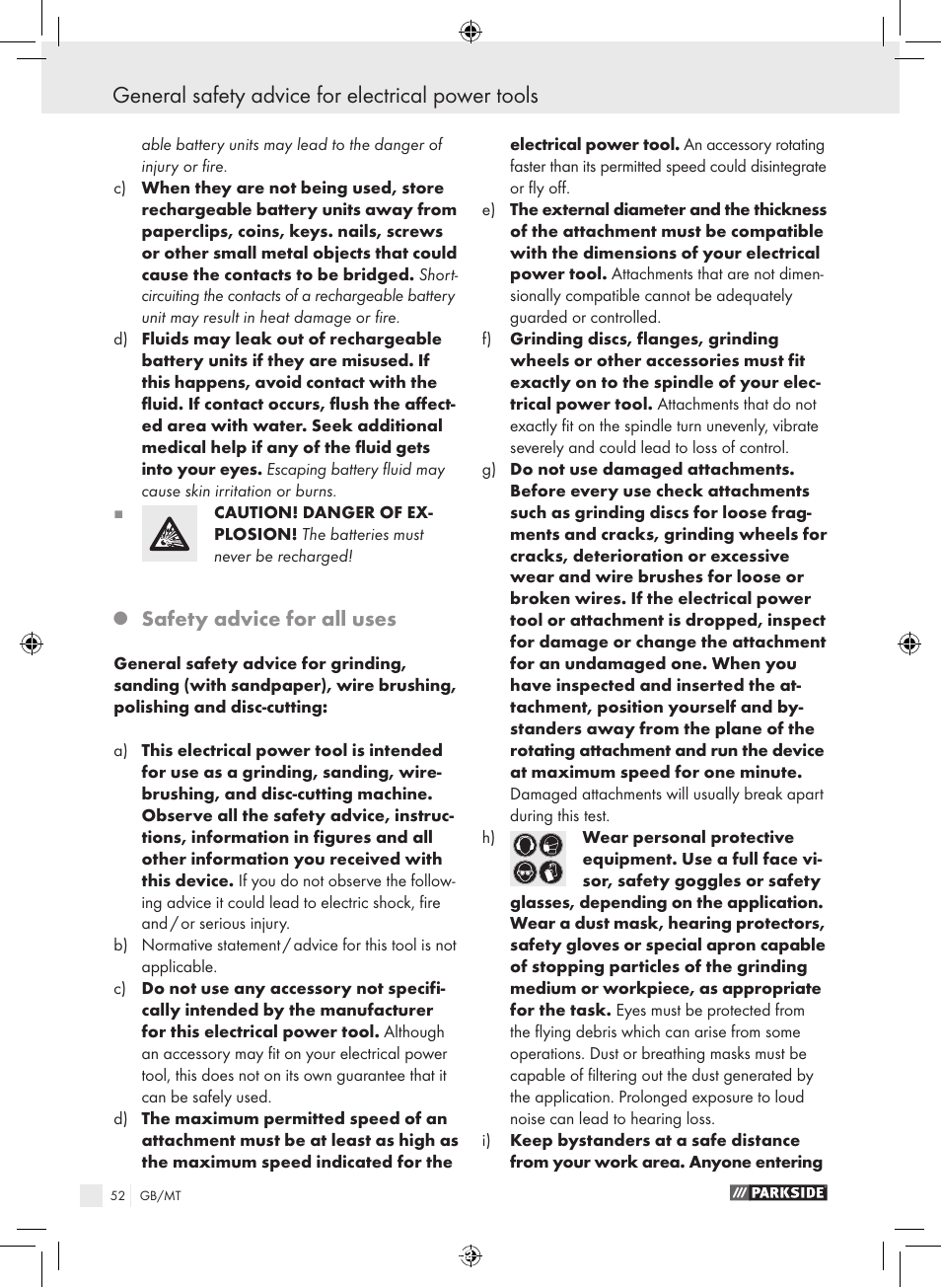 General safety advice for electrical power tools, Safety advice for all uses | Parkside PFBS 9.6 A1 User Manual | Page 52 / 75