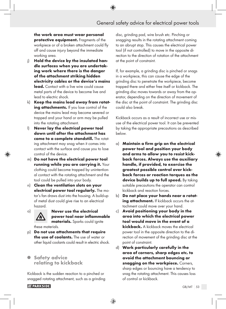 General safety advice for electrical power tools, Safety advice relating to kickback | Parkside PFBS 9.6 A1 User Manual | Page 53 / 75