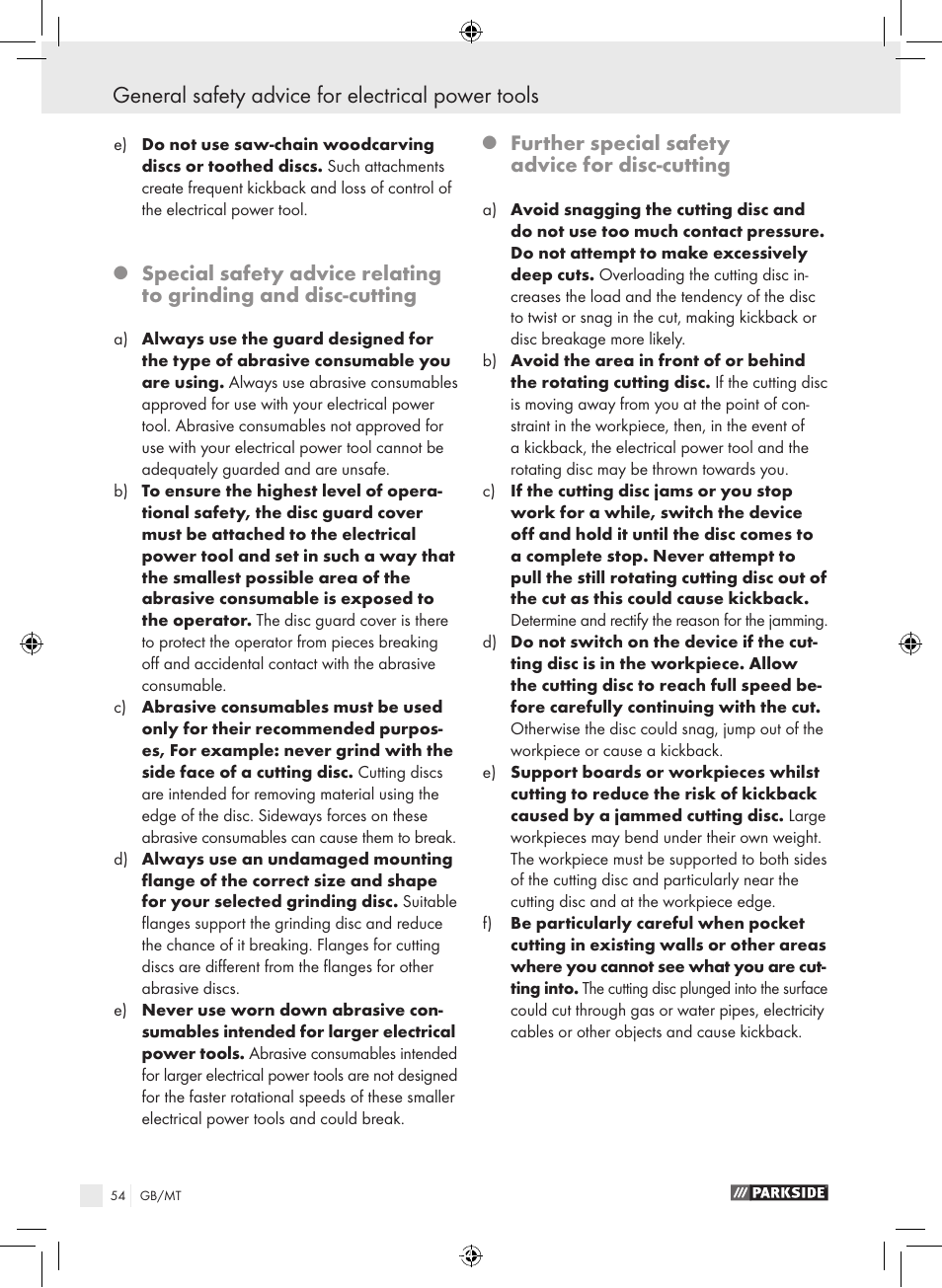 General safety advice for electrical power tools, Further special safety advice for disc-cutting | Parkside PFBS 9.6 A1 User Manual | Page 54 / 75
