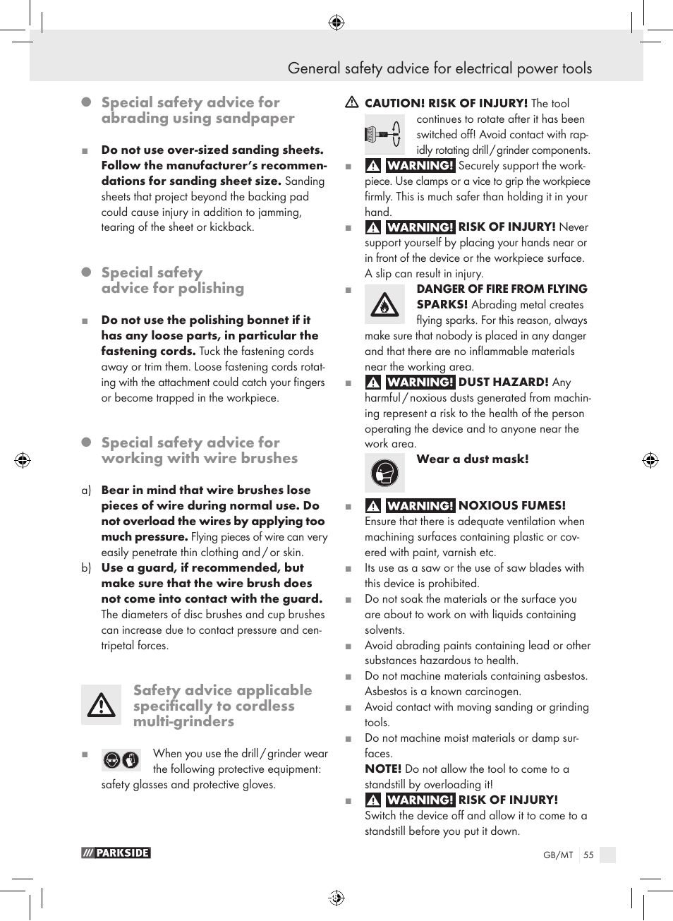 General safety advice for electrical power tools, Special safety advice for abrading using sandpaper, Special safety advice for polishing | Parkside PFBS 9.6 A1 User Manual | Page 55 / 75