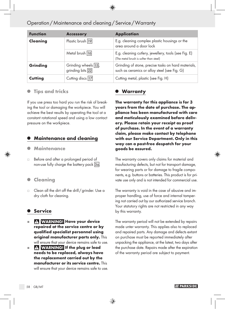 Tips and tricks, Maintenance and cleaning, Maintenance | Cleaning, Service, Warranty | Parkside PFBS 9.6 A1 User Manual | Page 58 / 75