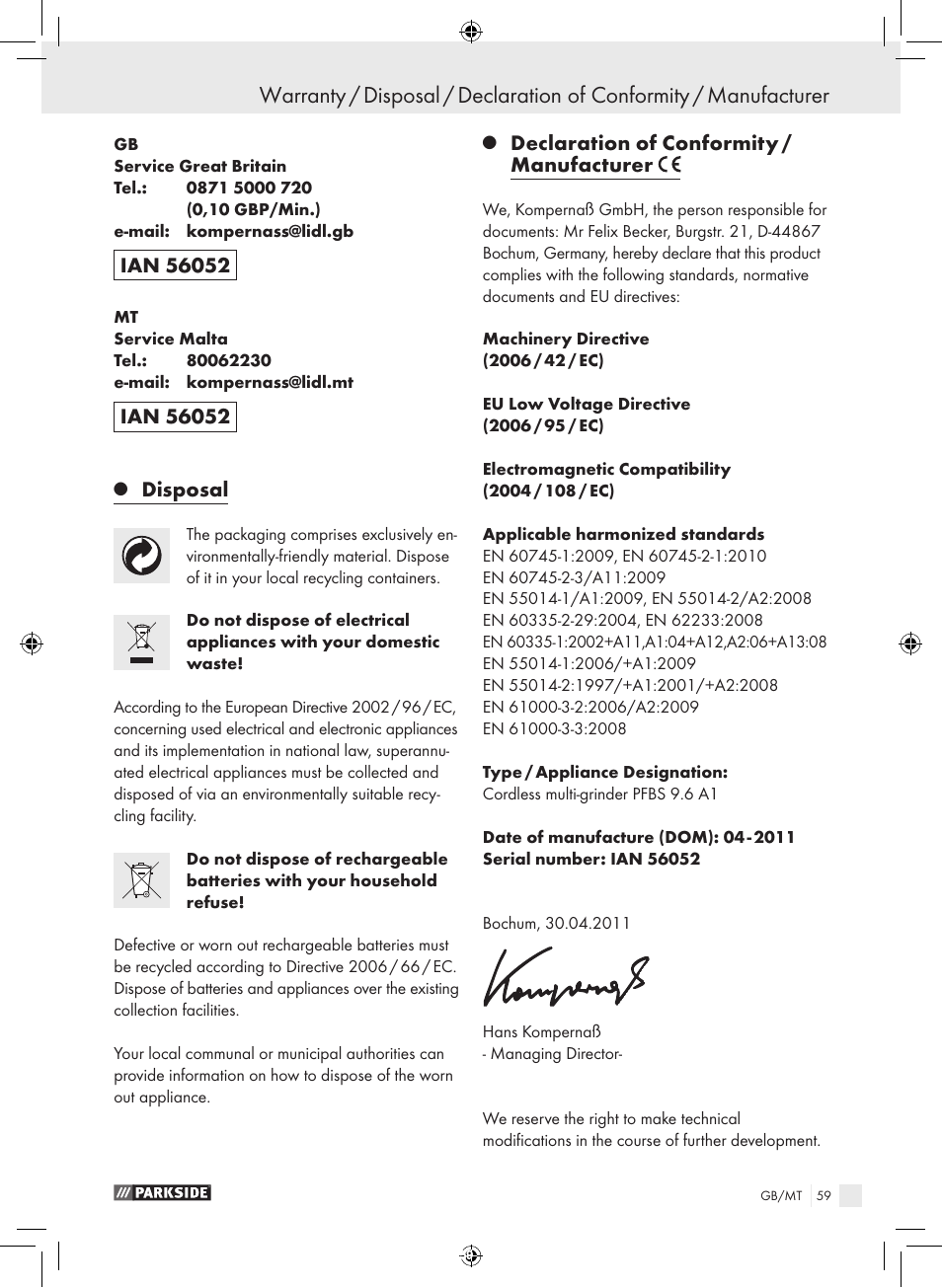 Disposal, Declaration of conformity / manufacturer | Parkside PFBS 9.6 A1 User Manual | Page 59 / 75