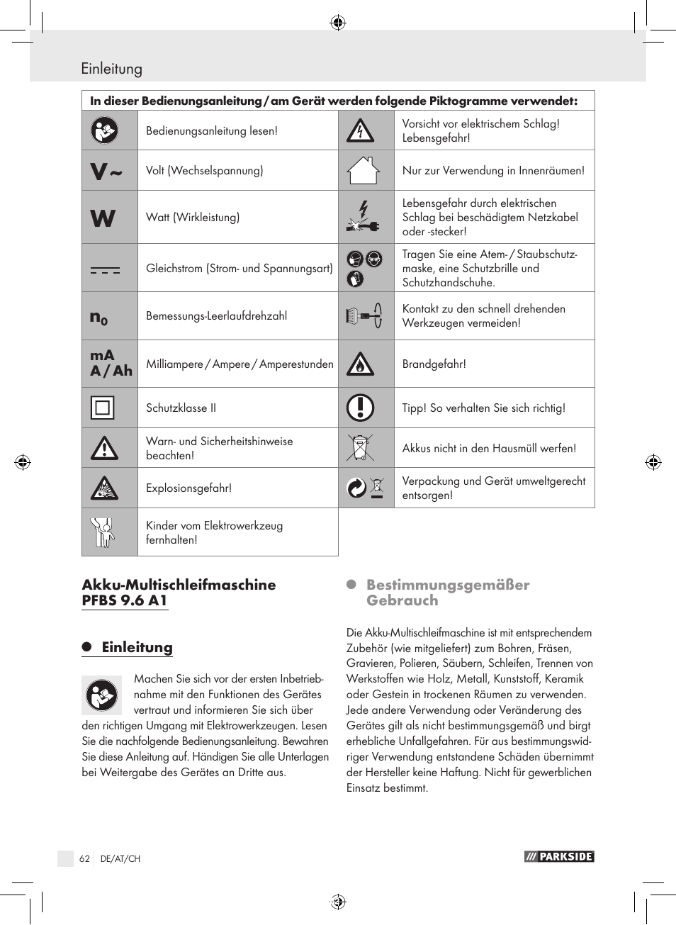Einleitung | Parkside PFBS 9.6 A1 User Manual | Page 62 / 75