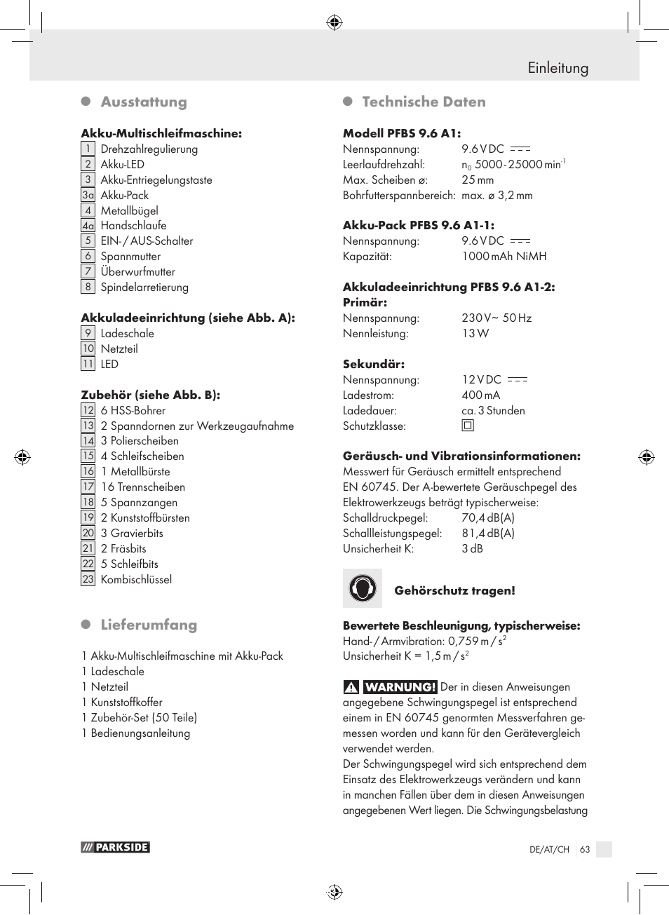 Einleitung, Ausstattung, Lieferumfang | Technische daten | Parkside PFBS 9.6 A1 User Manual | Page 63 / 75